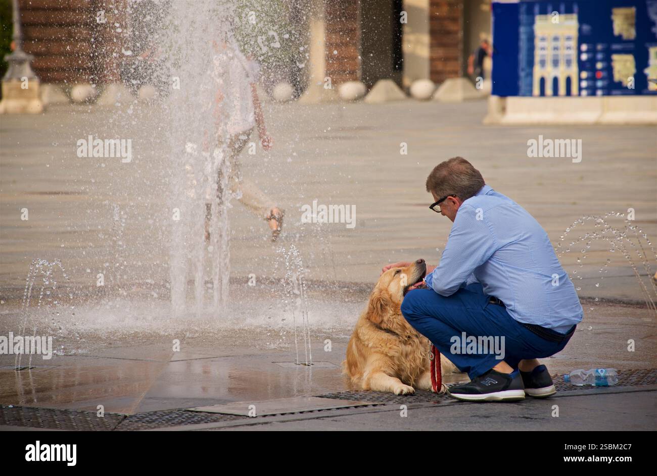 Un Golden Retriever rinfrescante con il suo proprietario accanto a una fontana pubblica nel caldo della giornata, Piazza Castello, Torino, Italia Foto Stock