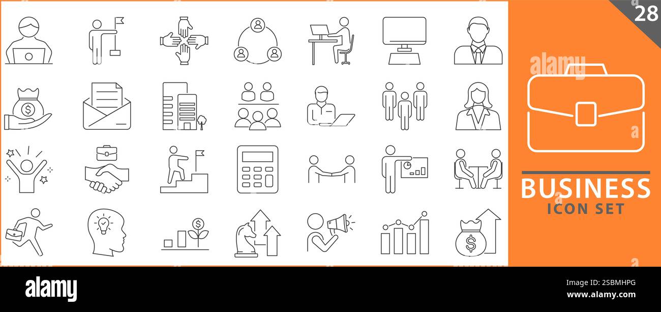 Set di icone business. Team aziendale, riunione, partnership, startup, pianificazione, icone chiave dell'azienda, della gestione, del profitto e del successo. Impostare il coll vettoriale delle icone Illustrazione Vettoriale