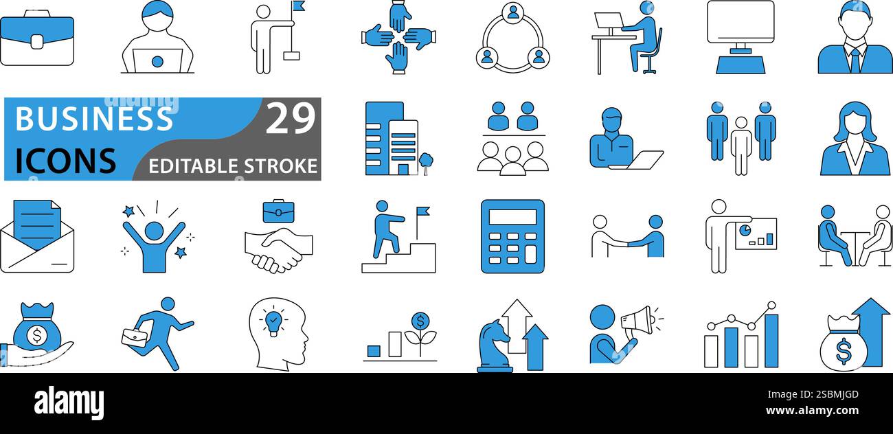 Set di icone business. Team aziendale, riunione, partnership, startup, pianificazione, icone chiave dell'azienda, della gestione, del profitto e del successo. Impostare il coll vettoriale delle icone Illustrazione Vettoriale