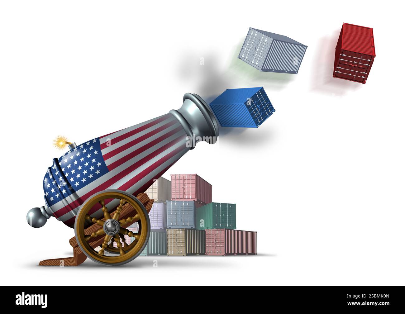 Guerra commerciale simbolo di attacco economico come cannone che rappresenta la politica tariffaria statunitense e americana come arma finanziaria con container merci. Foto Stock