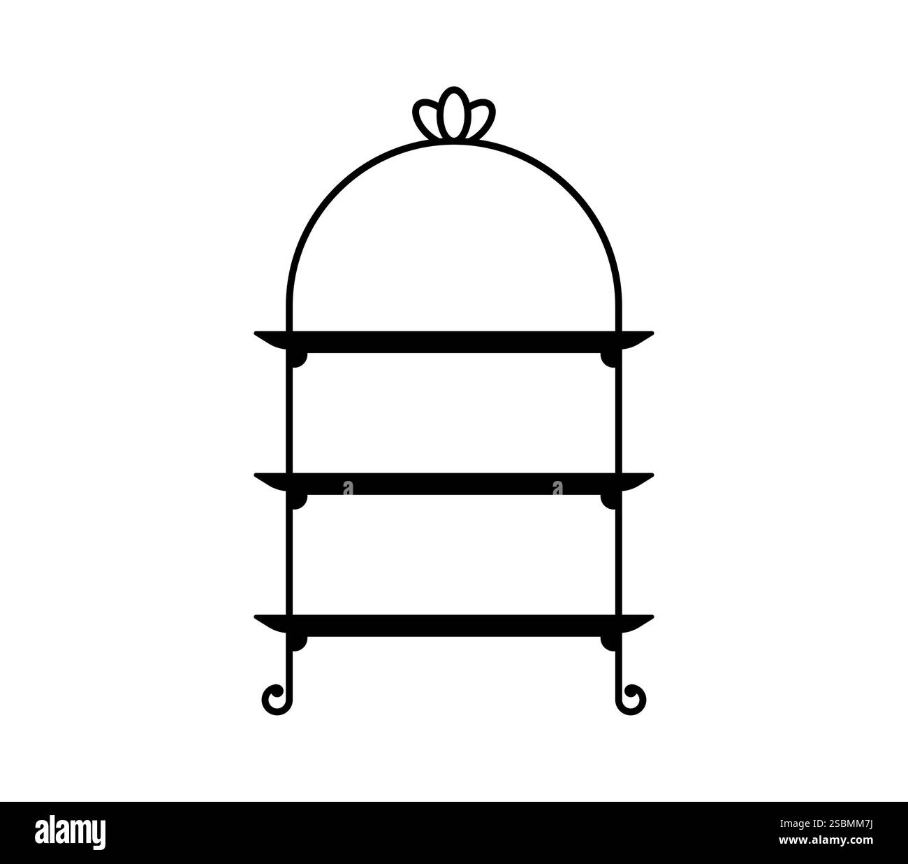 Silhouette nera di un cavalletto a tre piani con un elegante top a forma di cupola. Vassoio e vassoio per torte o torte vettoriali isolati, accessorio cucina per Illustrazione Vettoriale