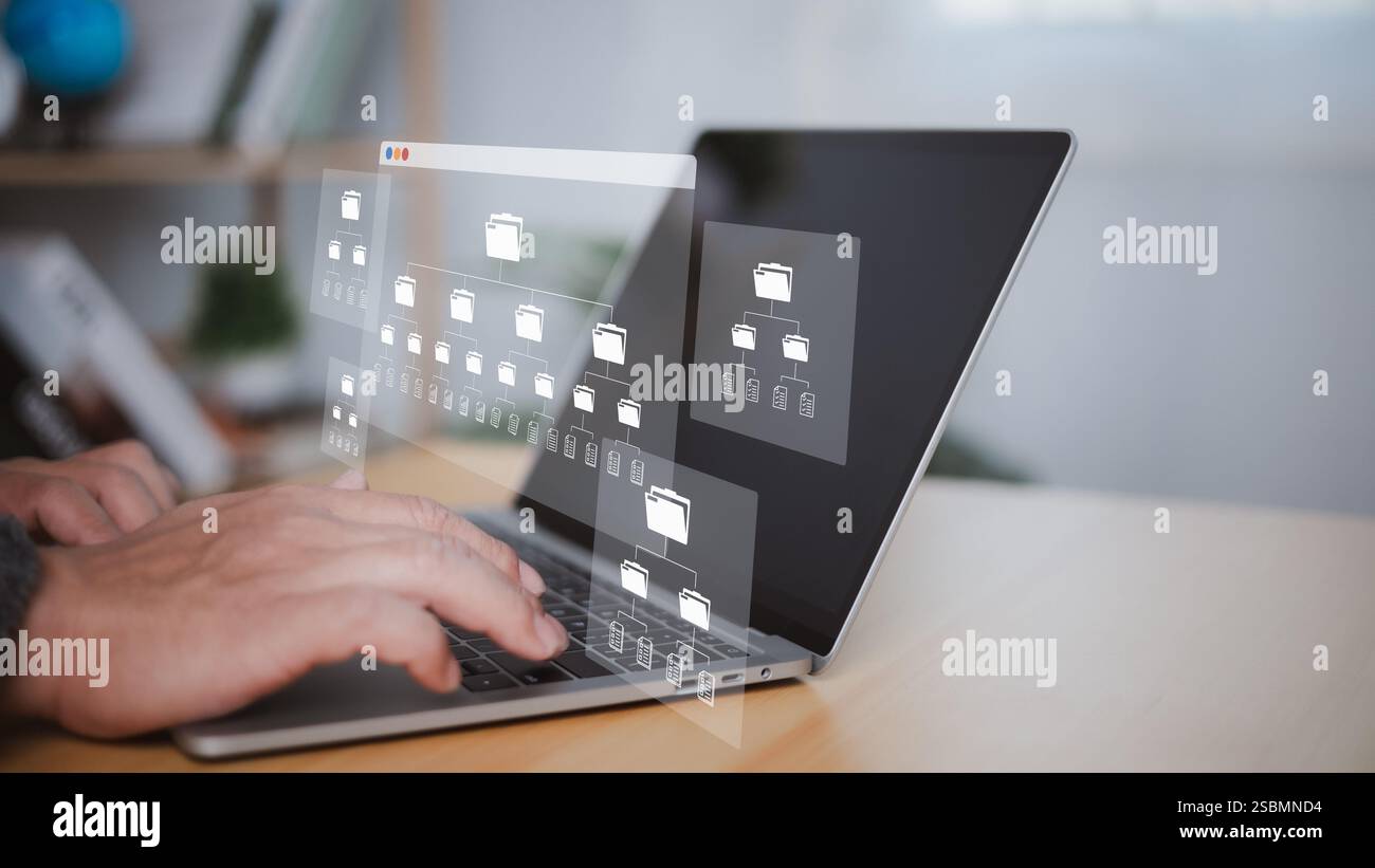 Tecnologia di archiviazione dati digitale sistema di gestione dei documenti su server rete Internet, ricerca e gestione di cartelle e file online, Download e upl Foto Stock