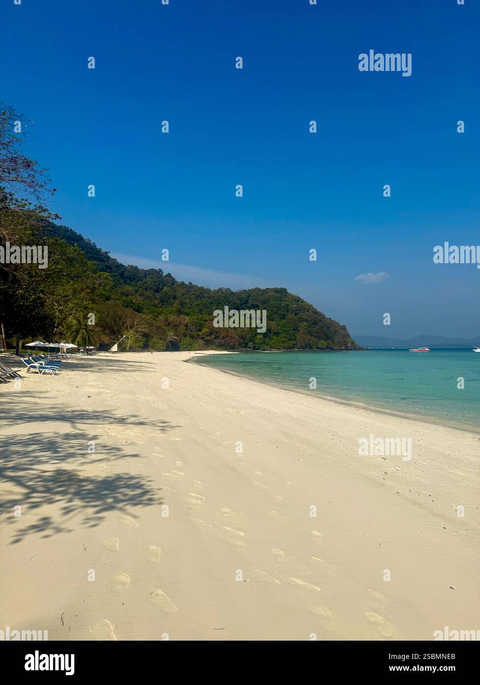 Idilliaca spiaggia tropicale con sabbia bianca, palme e acqua turchese, Un paradiso tropicale mozzafiato caratterizzato da una spiaggia di sabbia bianca fiancheggiata da tal Foto Stock
