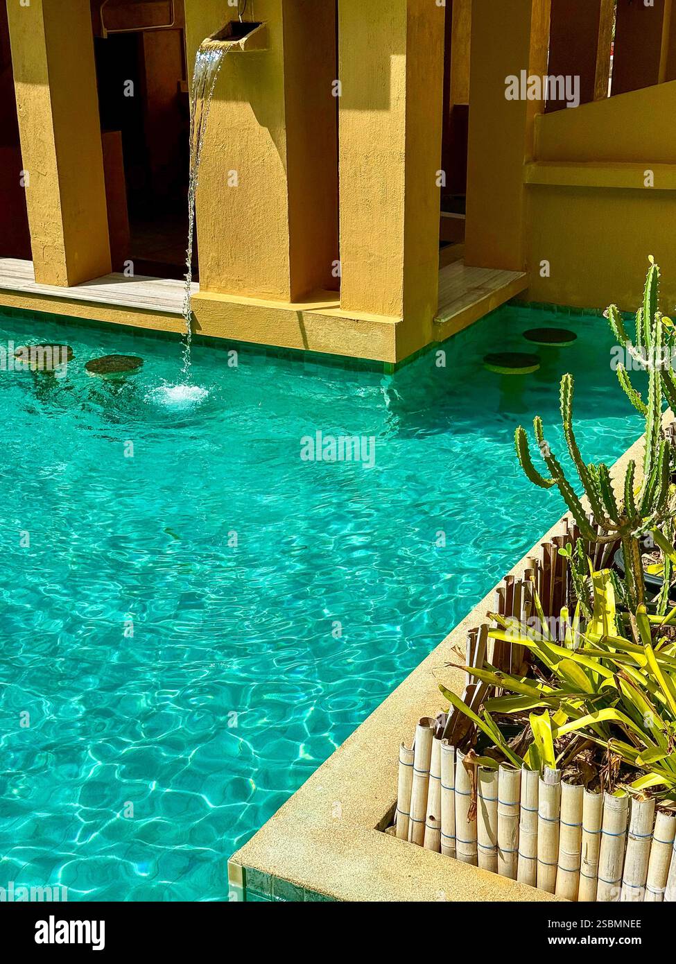Piscina tropicale con piante e soleggiata architettura moderna Una piscina turchese e soleggiata circondata da una moderna architettura gialla e piante tropicali - Immagine stock catturata con smartphone
