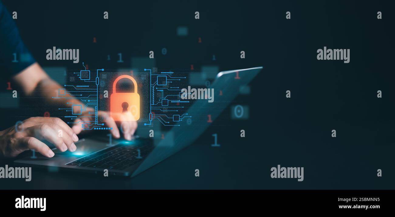 Concetto di sicurezza informatica, accesso, utente, sicurezza e crittografia delle informazioni di identificazione, lucchetto dello schermo, accesso con password di sicurezza, Internet protetto Foto Stock