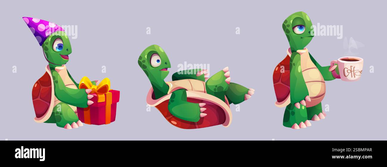 Simpatica tartaruga dei cartoni animati ambientata in diverse pose: Regalo di compleanno con cappello da festa, spaventata sdraiata sul guscio, sonnolente camminata con una tazza di caffè. Mascotte di rettili verde con espressioni allegre. Illustrazione Vettoriale