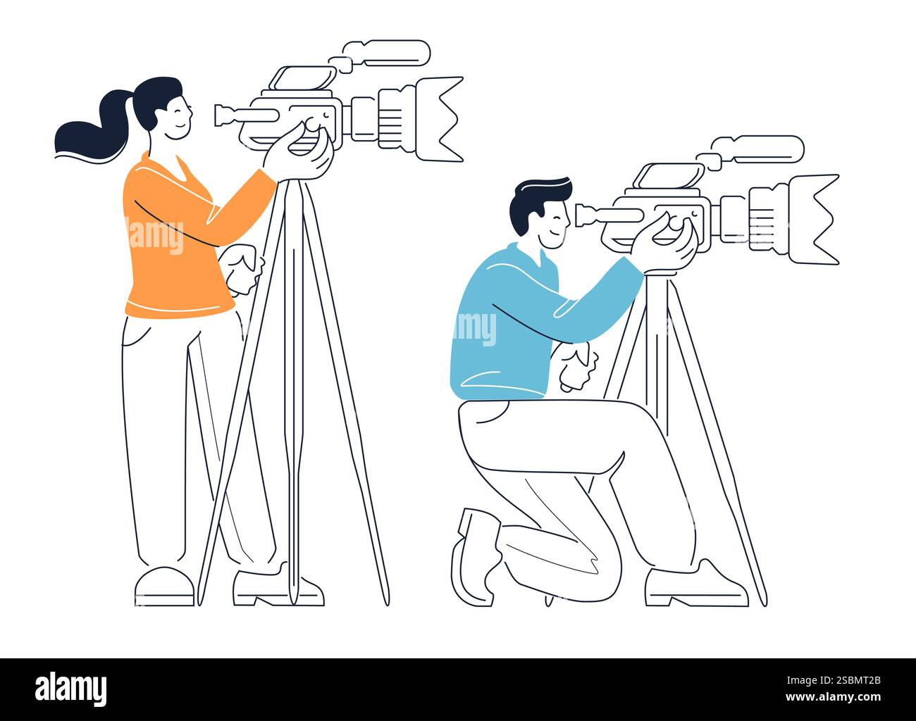 Operatore video con videocamera su treppiede. Televisione, illustrazione di film. Ripresa di un rapporto o di un'intervista per i media Illustrazione Vettoriale