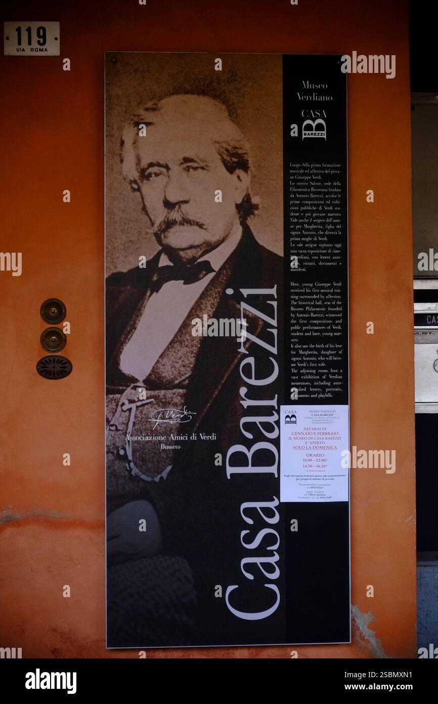 Busseto, Parma, Italia - 31 gennaio 2025 poster di Antonio Barezzi con informazioni sul museo Casa Barezzi a Busseto, Italia, luogo di nascita di Giusep Foto Stock
