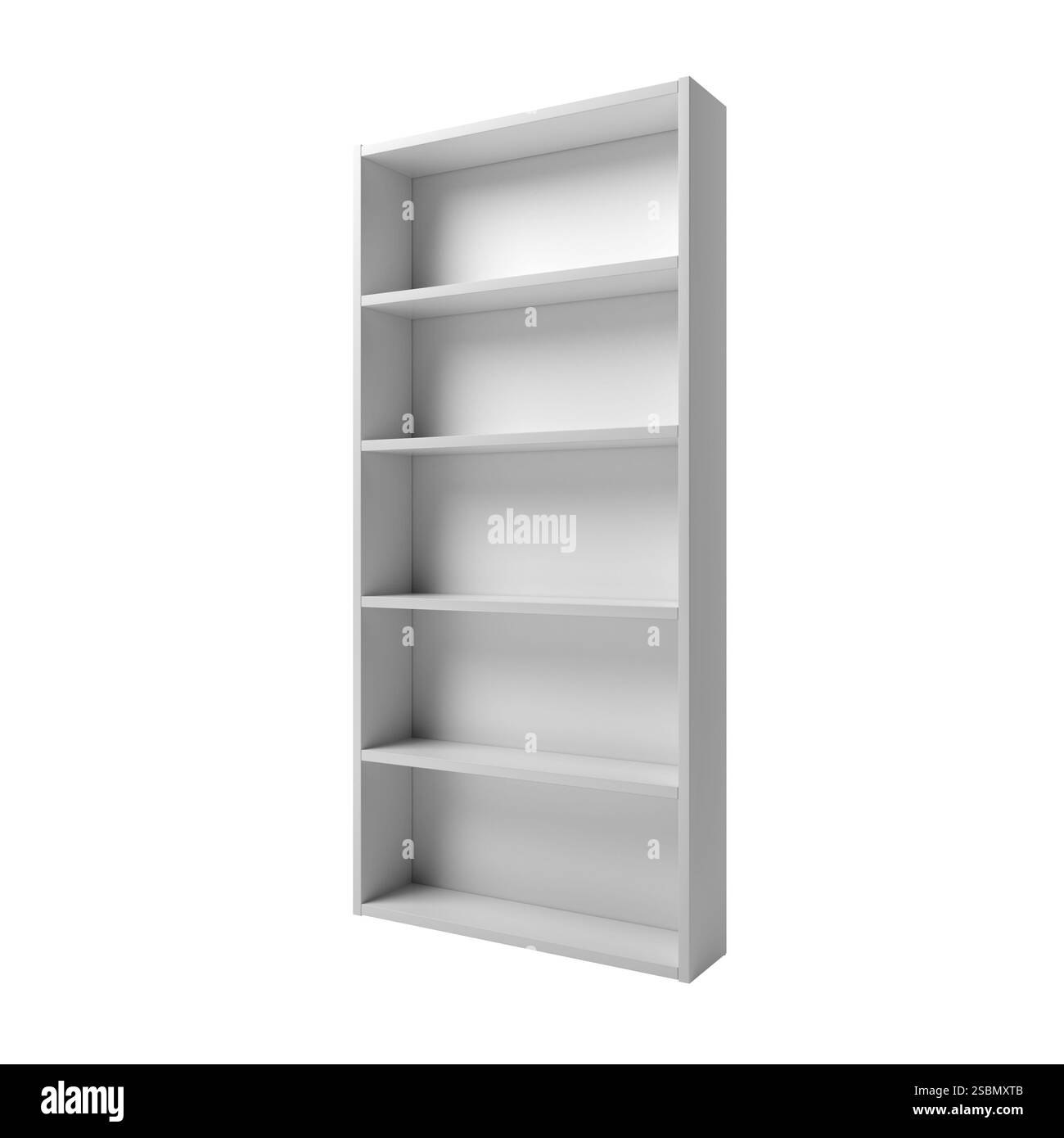 Libreria bianca vuota isolata su sfondo bianco. illustrazione 3d. Foto Stock