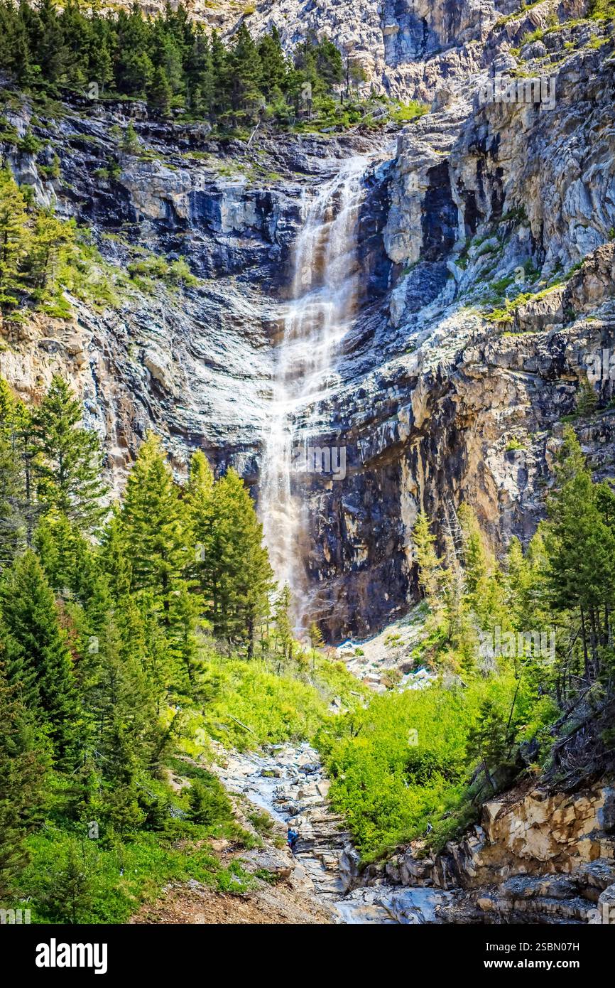 La cascata scorre lungo una scogliera rocciosa. L'acqua è limpida e fredda. Le rocce sono frastagliate e ruvide. Gli alberi sono verdi e alti Foto Stock