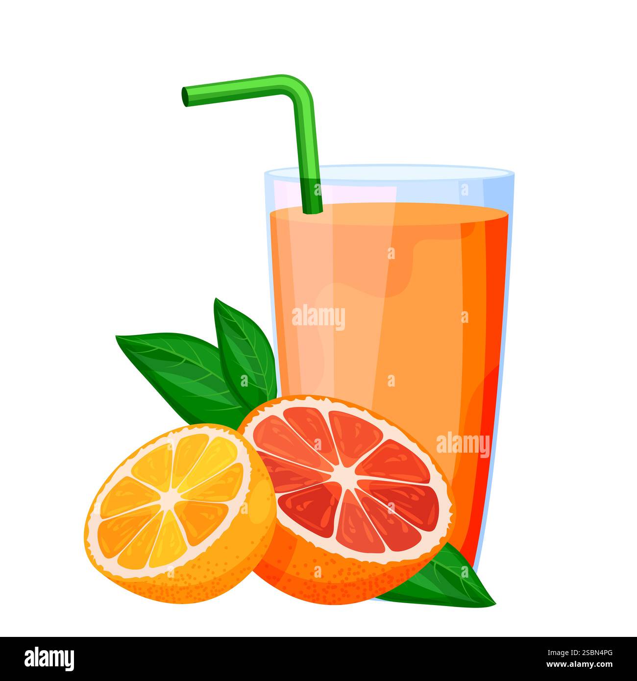 Mescolare il succo fresco nel bicchiere da bere con la paglia. Illustrazione di cartoni animati piatti vettoriali isolata su sfondo bianco. Agrumi tropicali d Illustrazione Vettoriale