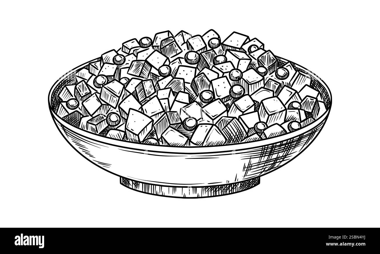 Olivier illustrazione russa del cibo per insalate in stile grafico line art. Elemento vettoriale disegnato a mano del contorno del piatto freddo. Perfetto per il menu Illustrazione Vettoriale