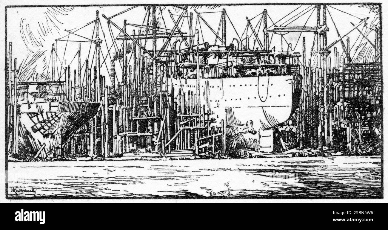 incisione di una nave in costruzione Foto Stock