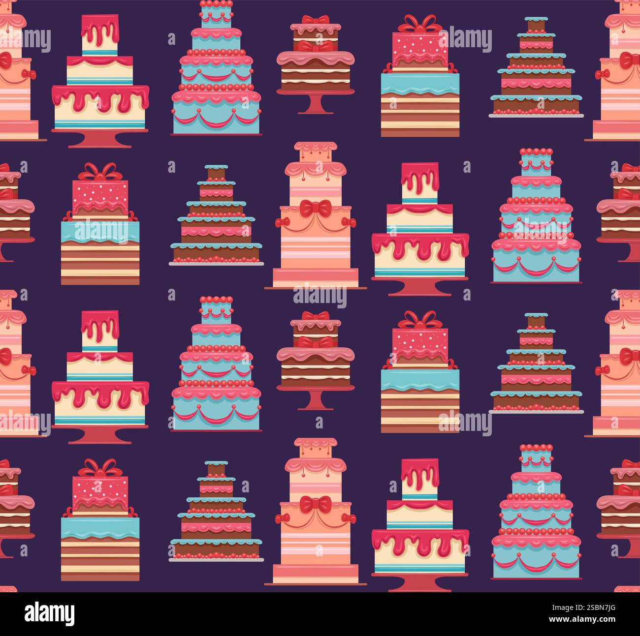Motivo vettoriale senza cuciture con torte di compleanno su sfondo viola. Tessuti festivi con torte nuziali. Sfondo con dolcetti per sfondi Illustrazione Vettoriale