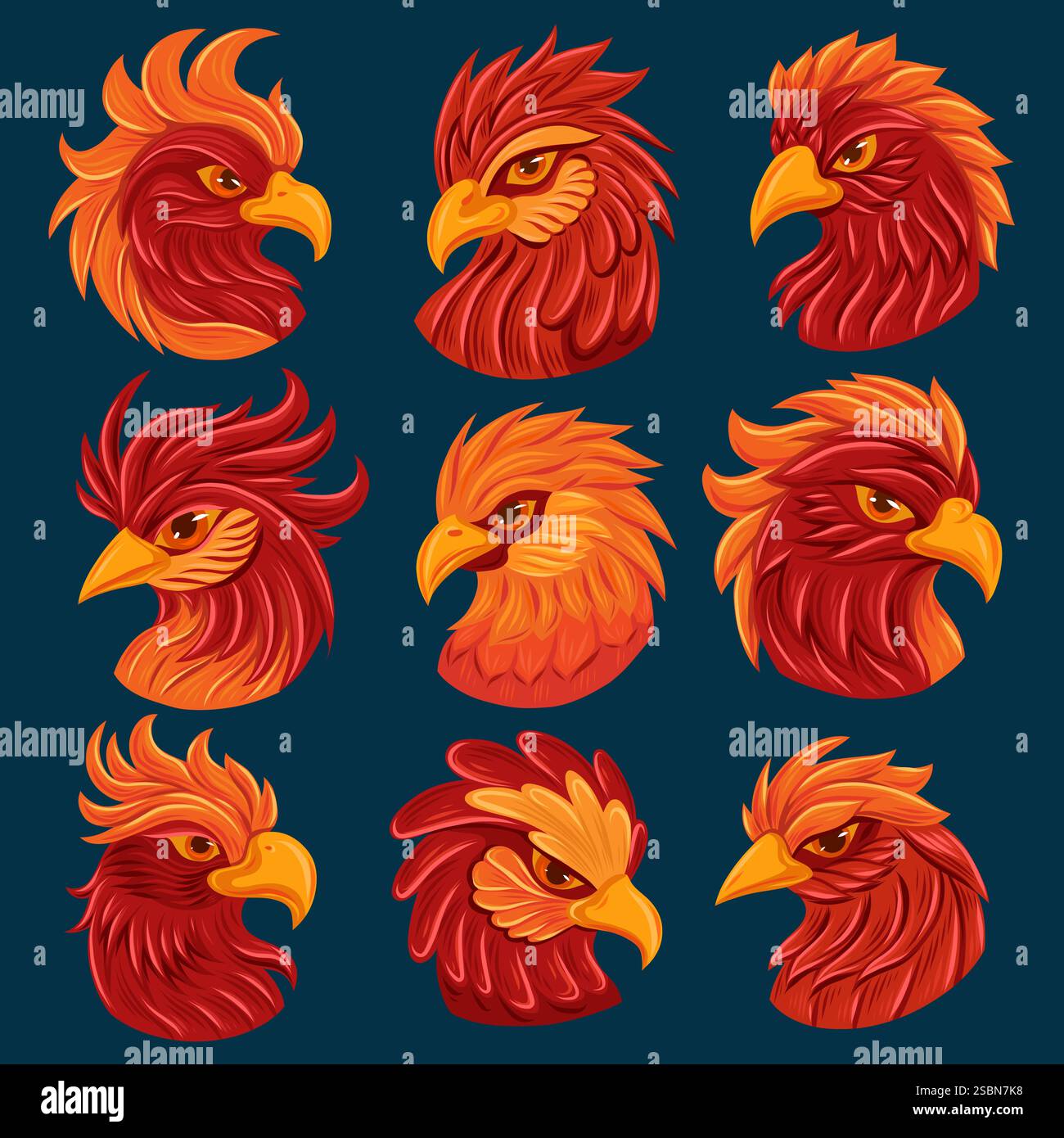 Collezione vettoriale di ritratti phoenix rossi su sfondo scuro. Set di teste di pappagallo in stile cartoon fantasy. Uccelli del fuoco disegnati a mano Illustrazione Vettoriale