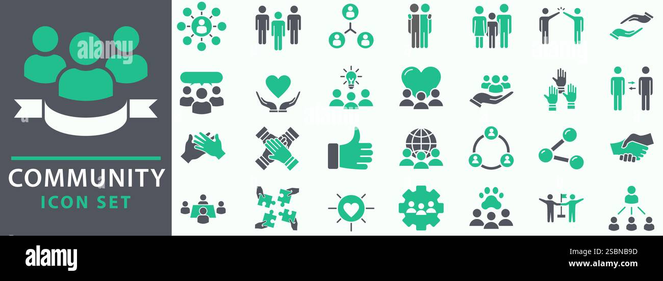 Set di icone della community. Contenere persone, amicizia, sociale, diversità, villaggio, icone delle relazioni, del supporto e dello sviluppo della comunità. Imposta collec. Icona Illustrazione Vettoriale