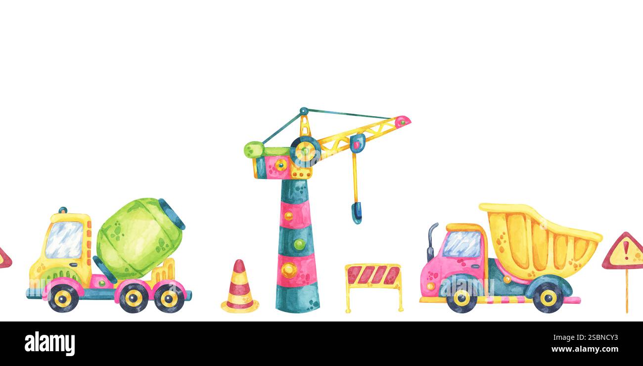 Gru, dumper e barriere edili. Cantiere senza cuciture, giocattoli acquerello clipart. Adatto per materiali di branding, design di vivai o imballaggi a tema tecnico Foto Stock