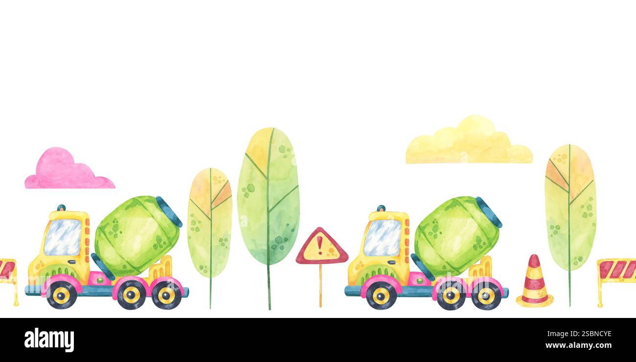 Betoniere verdi, cartelli stradali e nuvole pastello. Cantiere senza cuciture, giocattoli acquerello clipart. Perfetto per inviti a eventi, materiale didattico o carta da imballaggio a tema Foto Stock