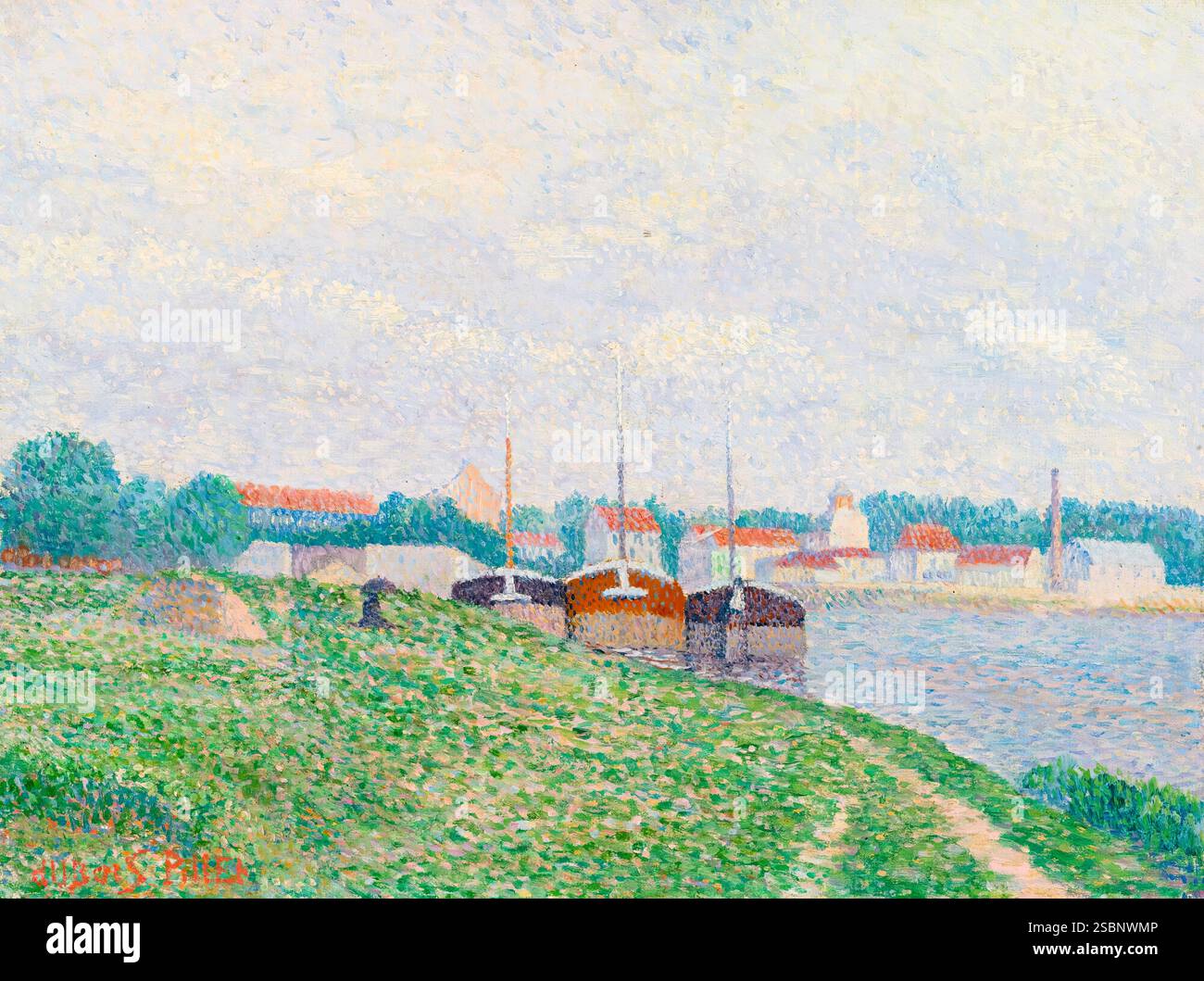 Albert Dubois-Pillet, Trois péniches amarées aux abords d'une ville industrielle (tre chiatte ormeggiate alla periferia di una città industriale), pittura di paesaggio ad olio su tela, circa 1886 Foto Stock