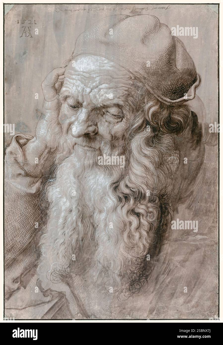 Albrecht Durer, testa di un Vecchio, ritratto con penna e inchiostro con lavaggio e colore del corpo, 1521 Foto Stock