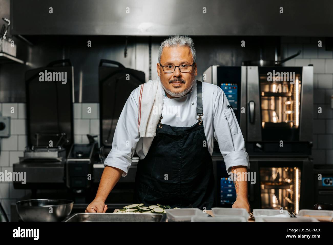 Ritratto di uno chef maschio maturo che indossa il grembiule e sta in piedi in cucina al ristorante Foto Stock