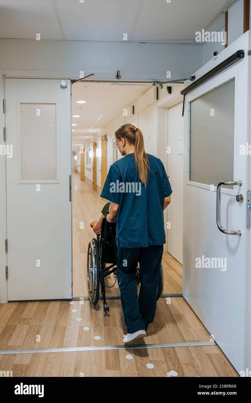 Vista posteriore dell'infermiera che assiste il paziente anziano seduto in sedia a rotelle mentre si sposta attraverso la porta della casa di cura Foto Stock