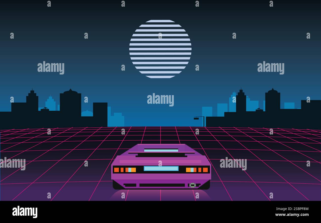Banner per giochi retrò con tv degli anni '1980 e gamepad sullo sfondo retroWave con griglia di prospettiva cyberpunk. Illustrazione vettoriale. Illustrazione Vettoriale