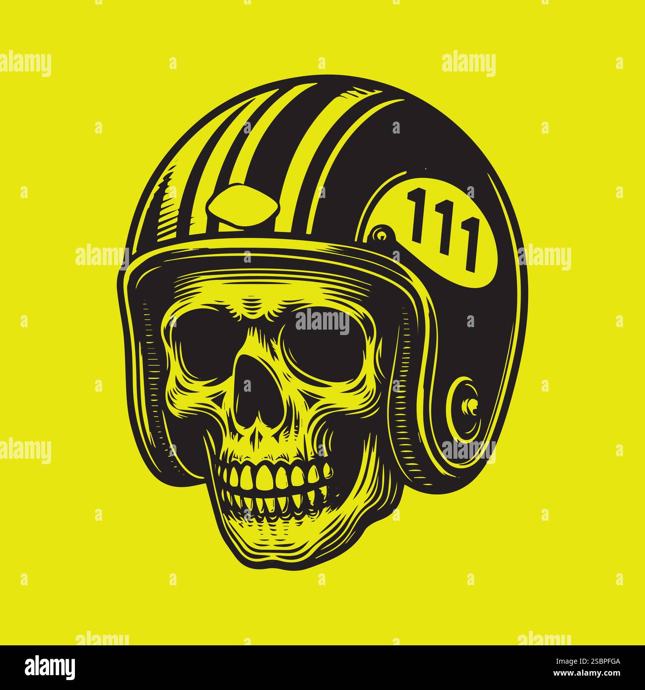 Logo vintage Biker con teschio nel casco da moto, illustrazione vettoriale Illustrazione Vettoriale
