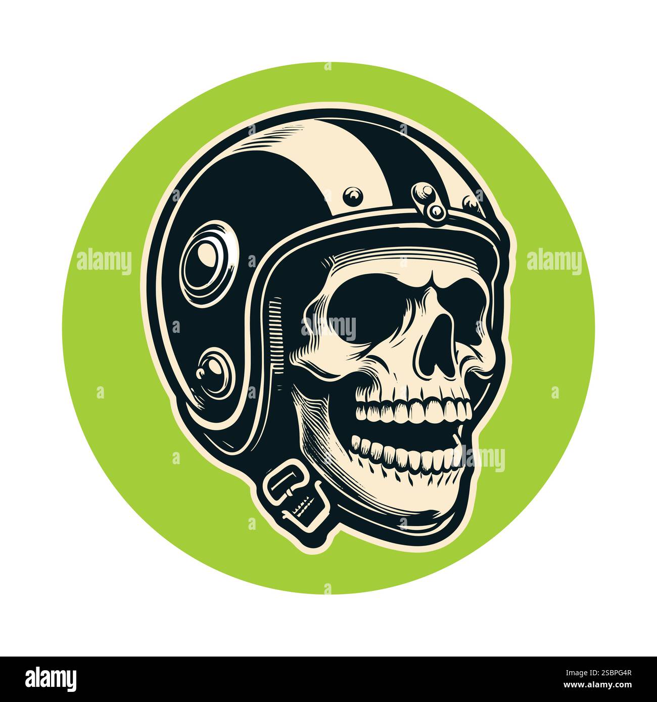 Teschio in un casco da moto, modello logo biker vintage, illustrazione vettoriale Illustrazione Vettoriale