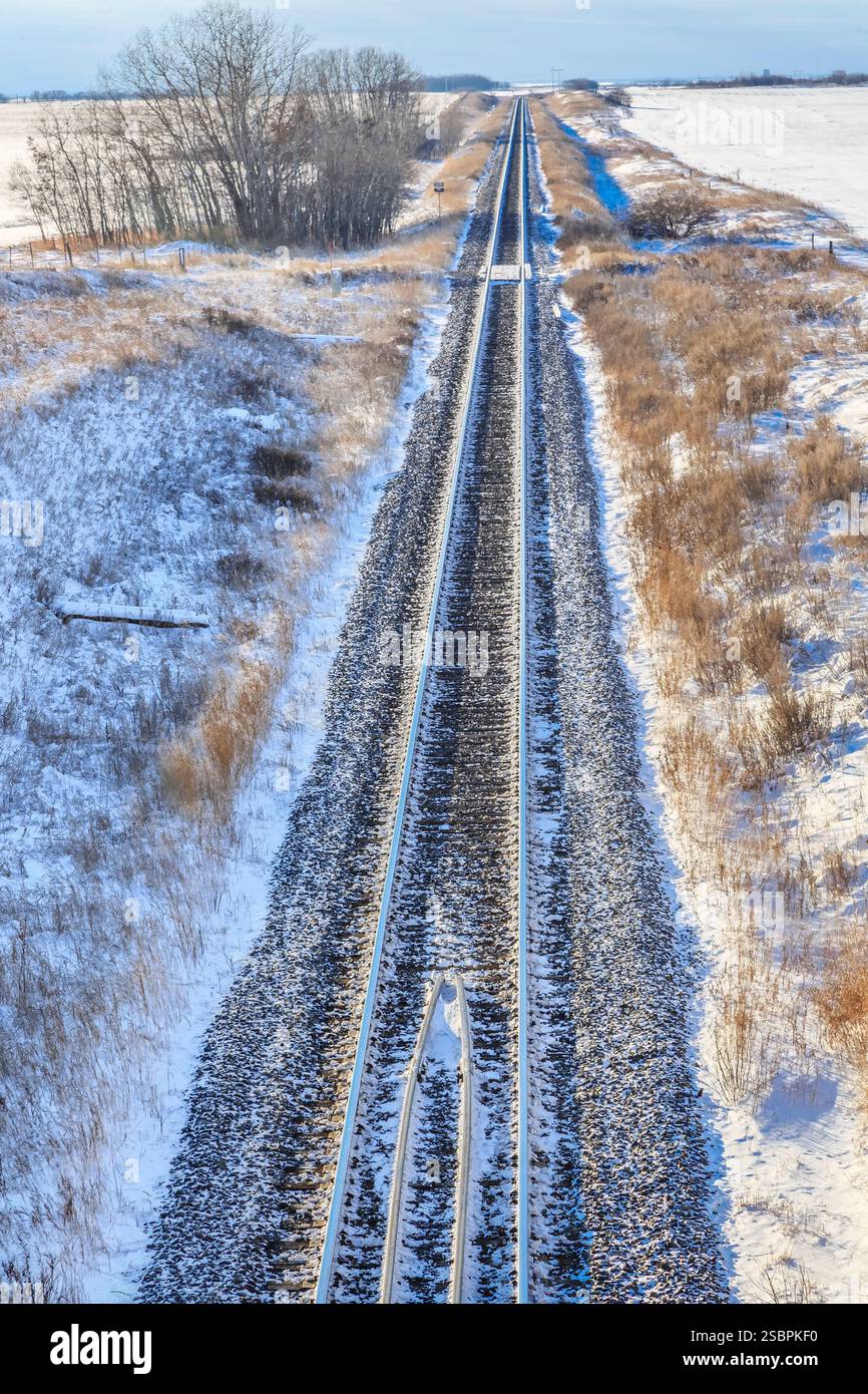 La pista del treno è coperta di neve. I cingoli sono lunghi e stretti. La neve è bianca e copre il terreno Foto Stock