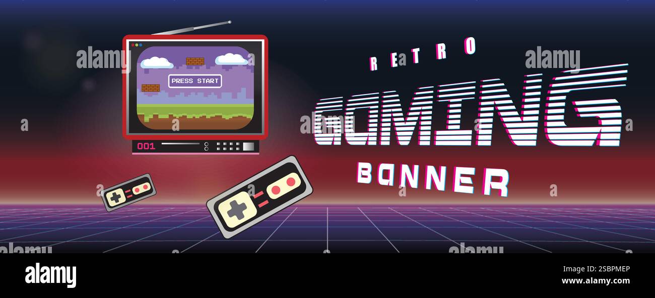 Banner per giochi retrò con tv degli anni '1980 e gamepad sullo sfondo retroWave con griglia di prospettiva cyberpunk. Illustrazione vettoriale. Illustrazione Vettoriale