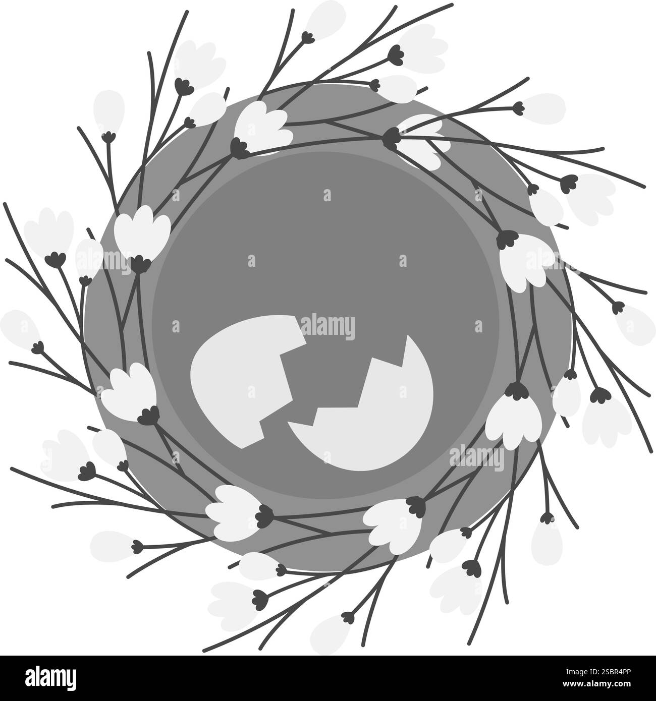Blossom twigs Nest e Cracked Eggshell in scala di grigi. Concetto di elemento di design dei biglietti di auguri di Pasqua. Illustrazione vettoriale isolata schede tematiche, pubblicazione, blog o opuscoli promozionali Web, banner, prezzo Illustrazione Vettoriale