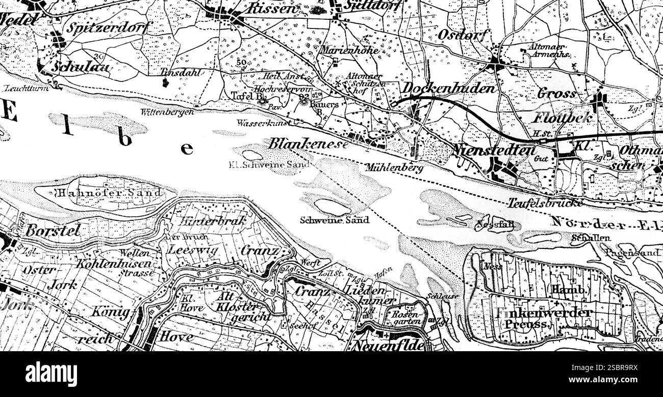 Mappa topografica dell'Elba, bassa Sassonia con la zona di coltivazione della frutta Altes Land, Schleswig-Holstein con villaggi paludosi, isole dell'Elba, Finkenwe Foto Stock