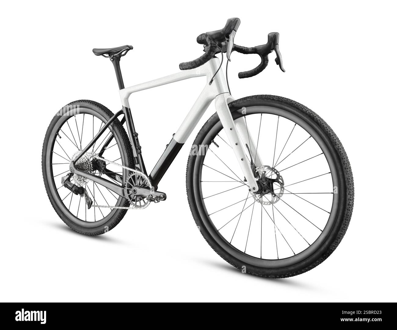 Immagine laterale di alta qualità di una bici in ghiaia in bianco e nero, isolata su sfondo bianco. Dettagli nitidi, design moderno e componenti premium. Foto Stock