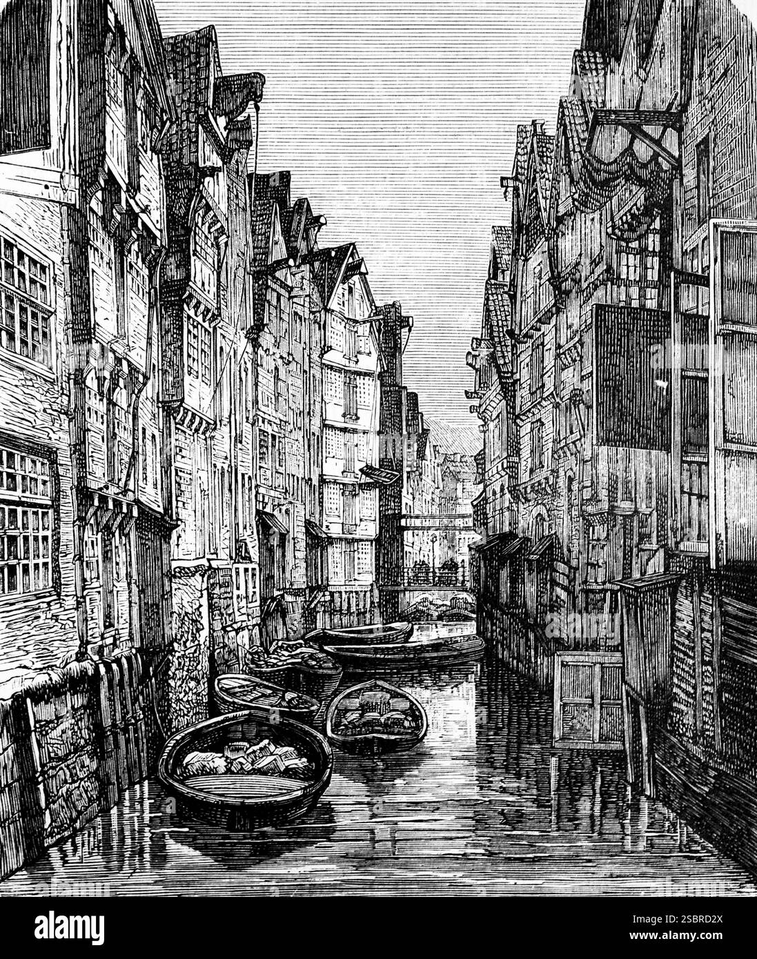 Flotta come rotta di trasporto nel centro storico di Amburgo, chiatte per il trasporto di merci, case a graticcio densamente imballate, ristrettezza, commercio, viaggi, Foto Stock