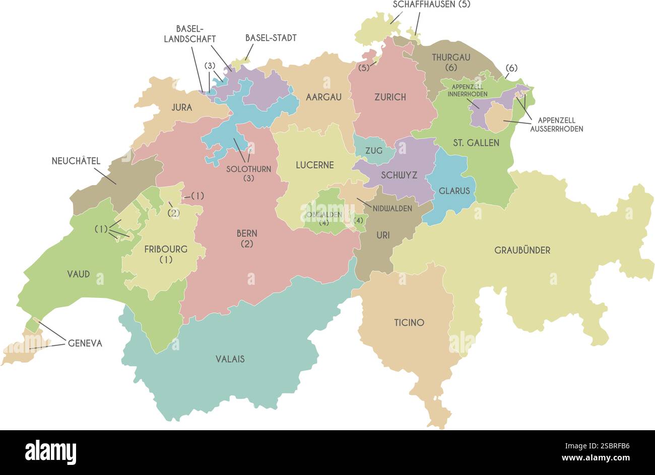 Carta regionale vettoriale della Svizzera con cantoni o territori e divisioni amministrative. Livelli modificabili ed etichettati in modo chiaro. Illustrazione Vettoriale