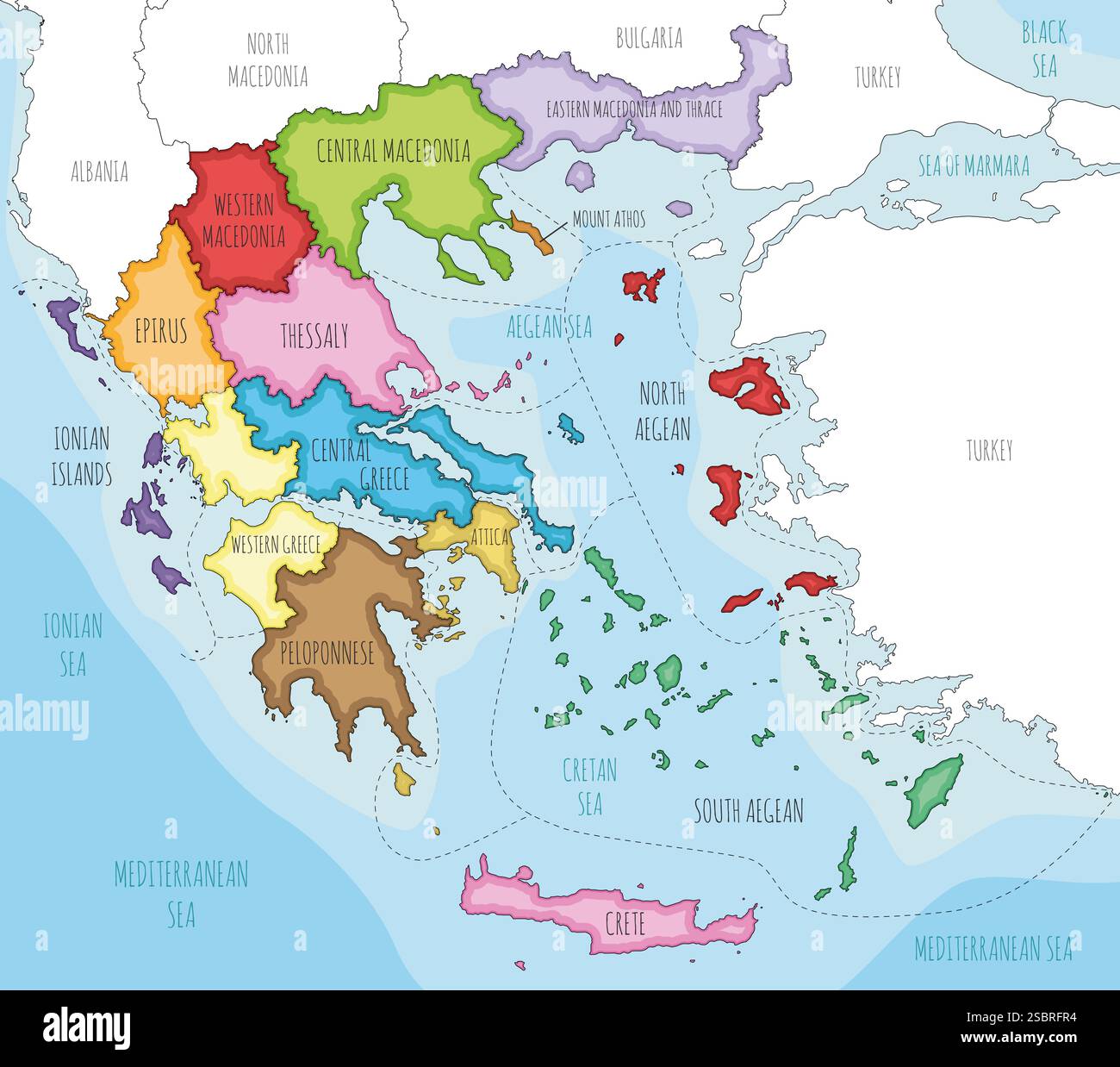 Mappa vettoriale della Grecia con regioni e divisioni amministrative e paesi e territori confinanti. Modificabile e chiaramente etichettato l Illustrazione Vettoriale