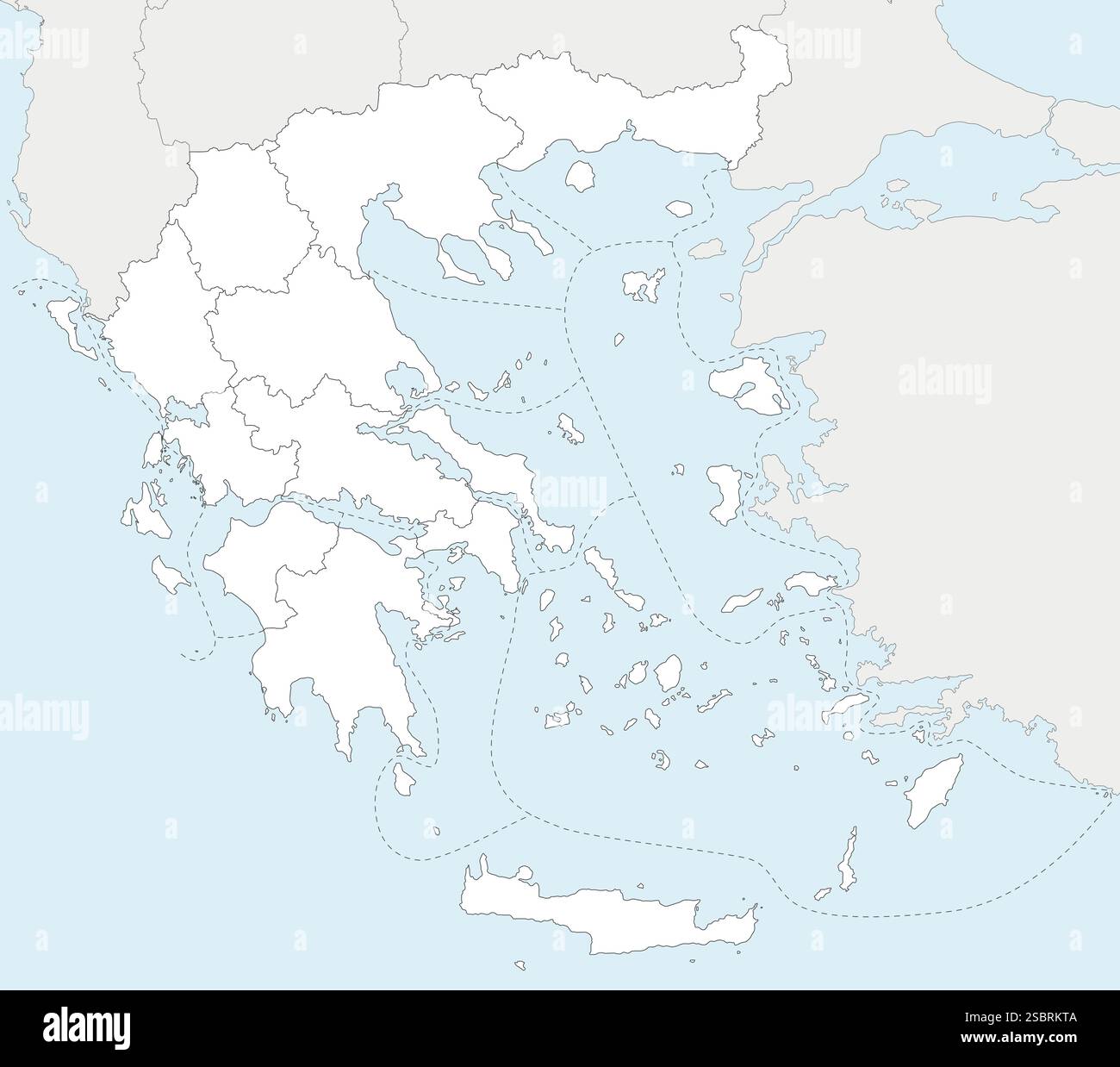 Mappa vettoriale in bianco della Grecia con regioni e divisioni amministrative e paesi e territori limitrofi. Livelli modificabili ed etichettati in modo chiaro. Illustrazione Vettoriale