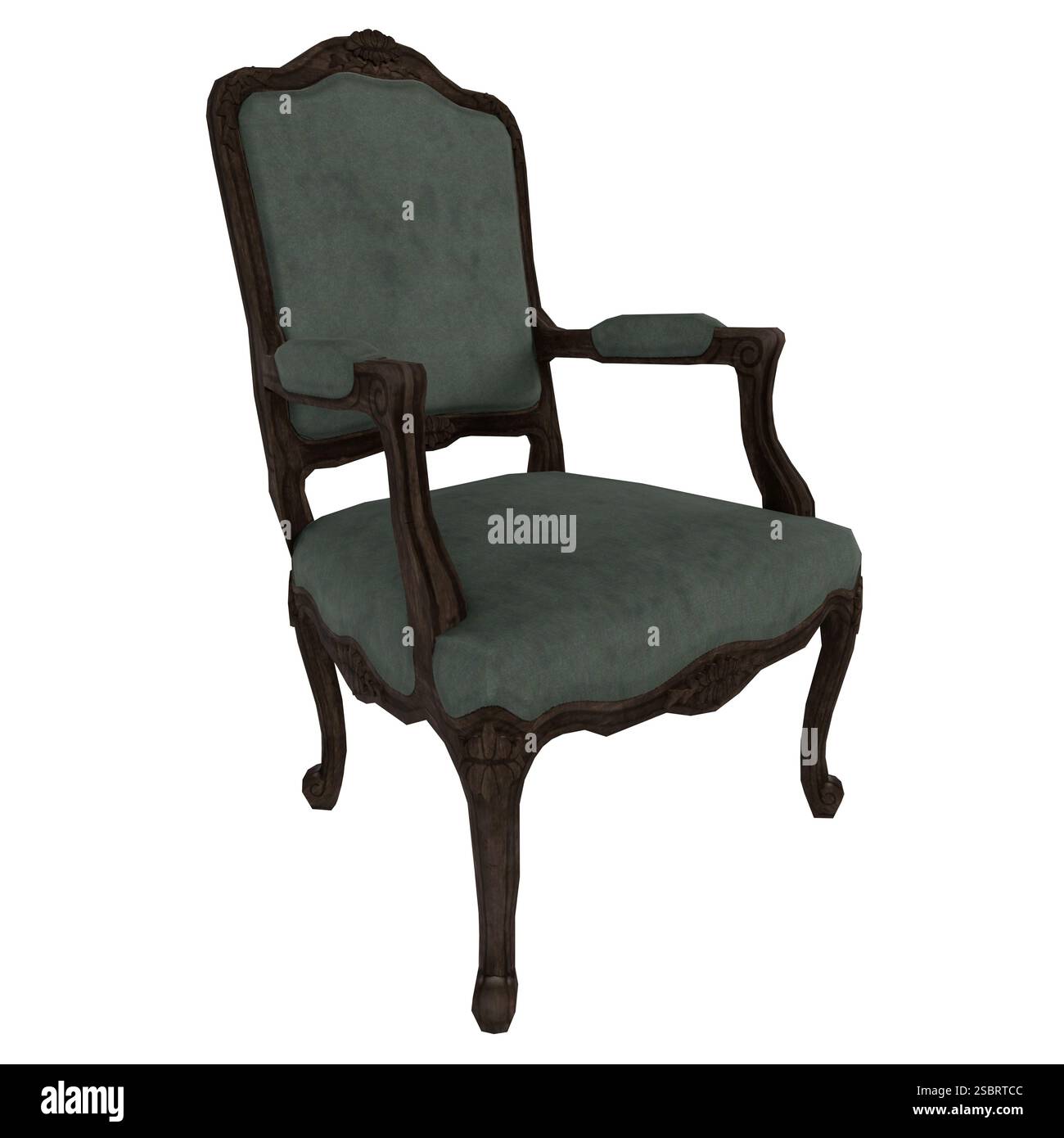 Una poltrona vintage presenta una cornice in legno scuro e una morbida tappezzeria verde, perfetta per un arredamento classico. Foto Stock