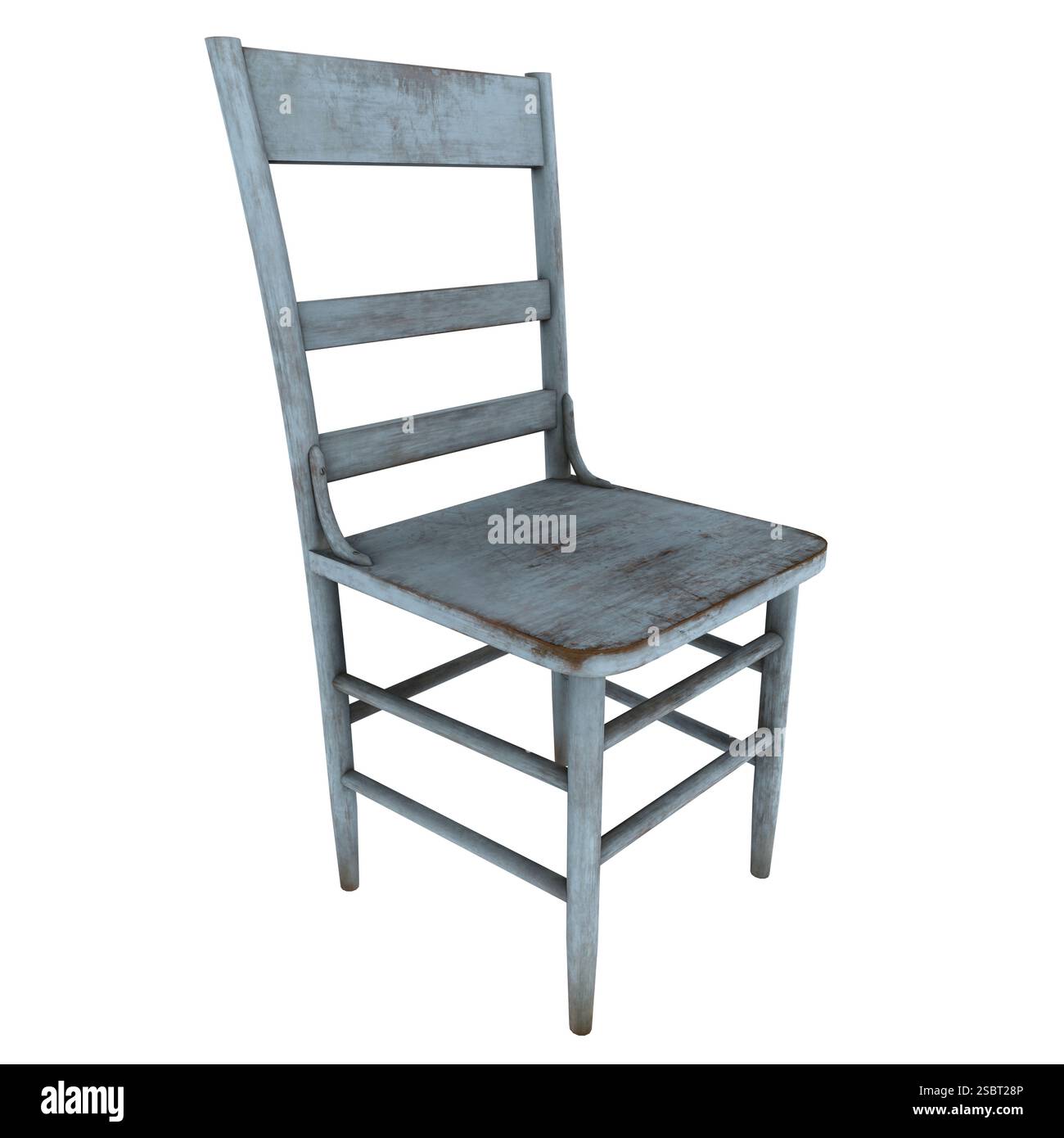 Una sedia rustica in legno si erge da sola, mostrando la sua finitura blu intemprata e le linee semplici. Foto Stock