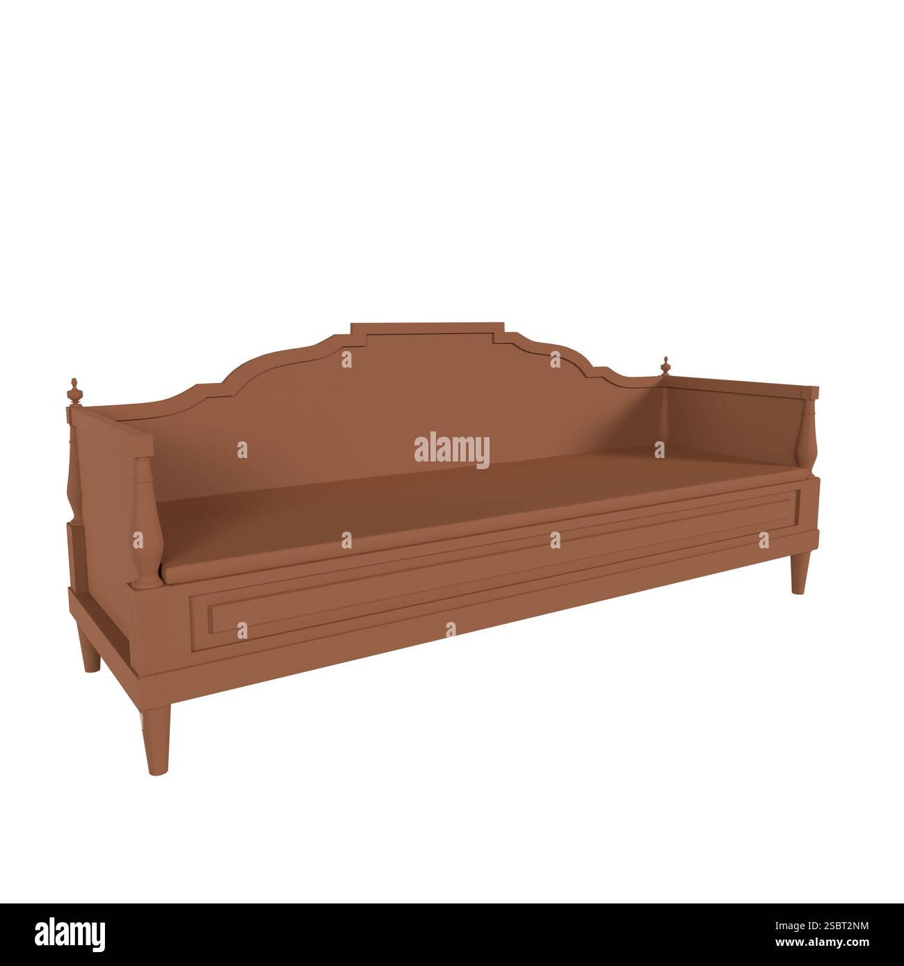 Questo divano in legno presenta un design classico con una finitura liscia e una lavorazione artigianale dettagliata. Foto Stock