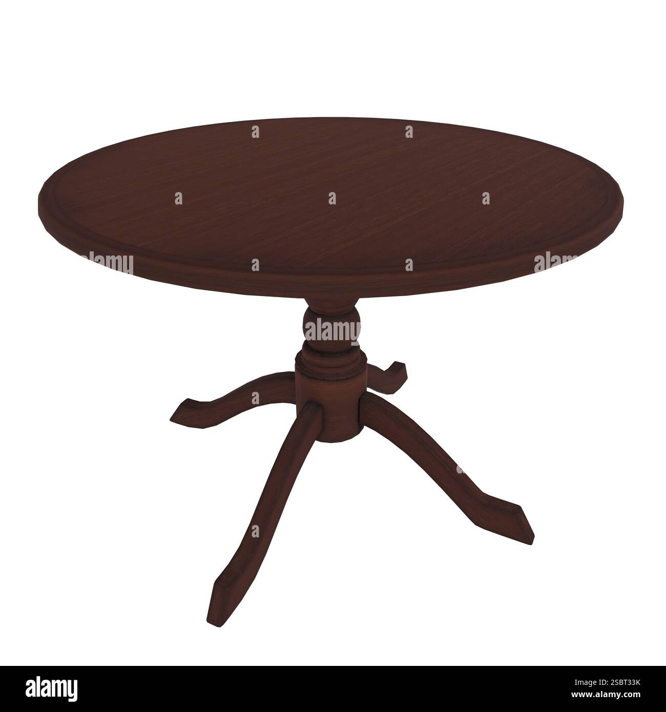 Un tavolo rotondo in legno è collocato in un ambiente neutrale, che mostra il suo design elegante e la base robusta. Foto Stock