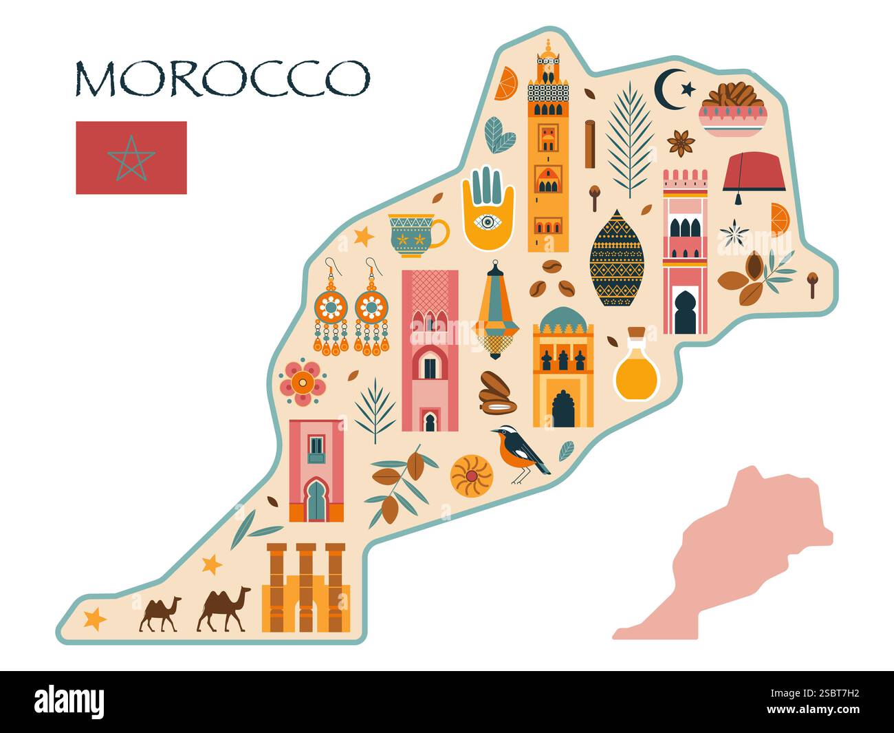 Marocco Mappa di viaggio con i luoghi più famosi Illustrazione Vettoriale