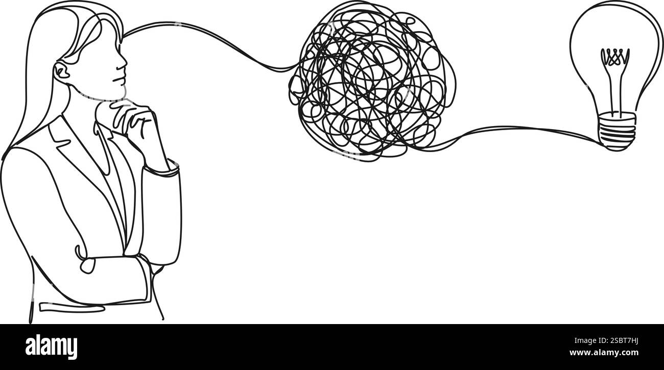 disegno continuo su una sola linea di giovane donna che raccoglie i suoi pensieri, illustrazione vettoriale di line art Illustrazione Vettoriale