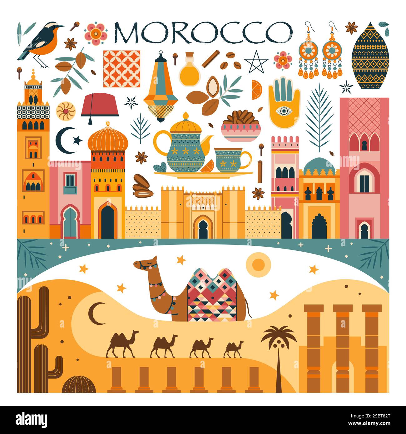 Poster di viaggio in Marocco con simboli marocchini Illustrazione Vettoriale