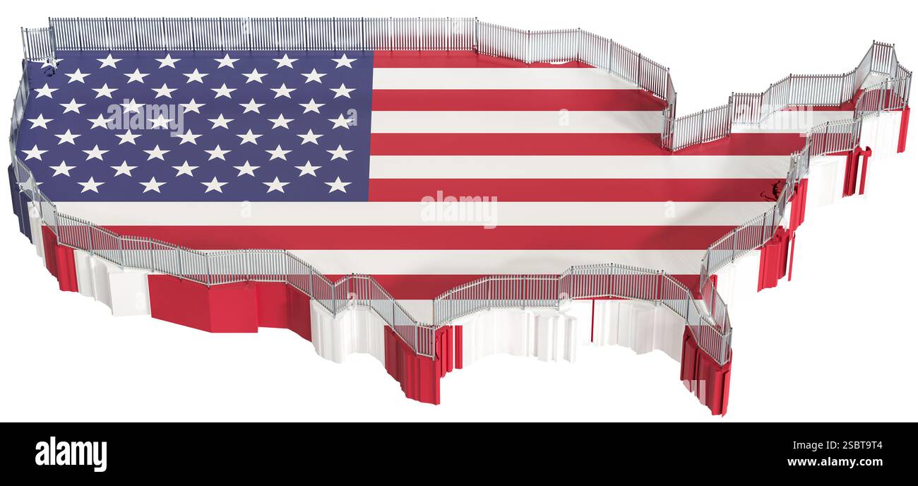 Isolamento del concetto degli Stati Uniti d'America. Un recinto di sicurezza è stato costruito intorno a una mappa 3d degli Stati Uniti. Bloccare l'immigrazione clandestina o le simpatie Foto Stock