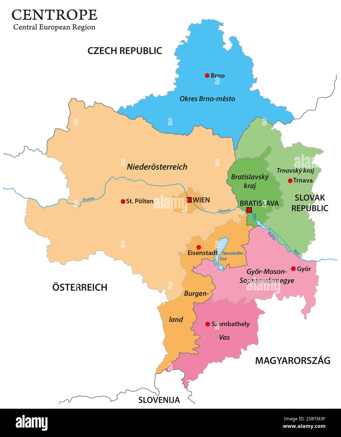 Mappa amministrativa della regione europea Centrope Foto Stock