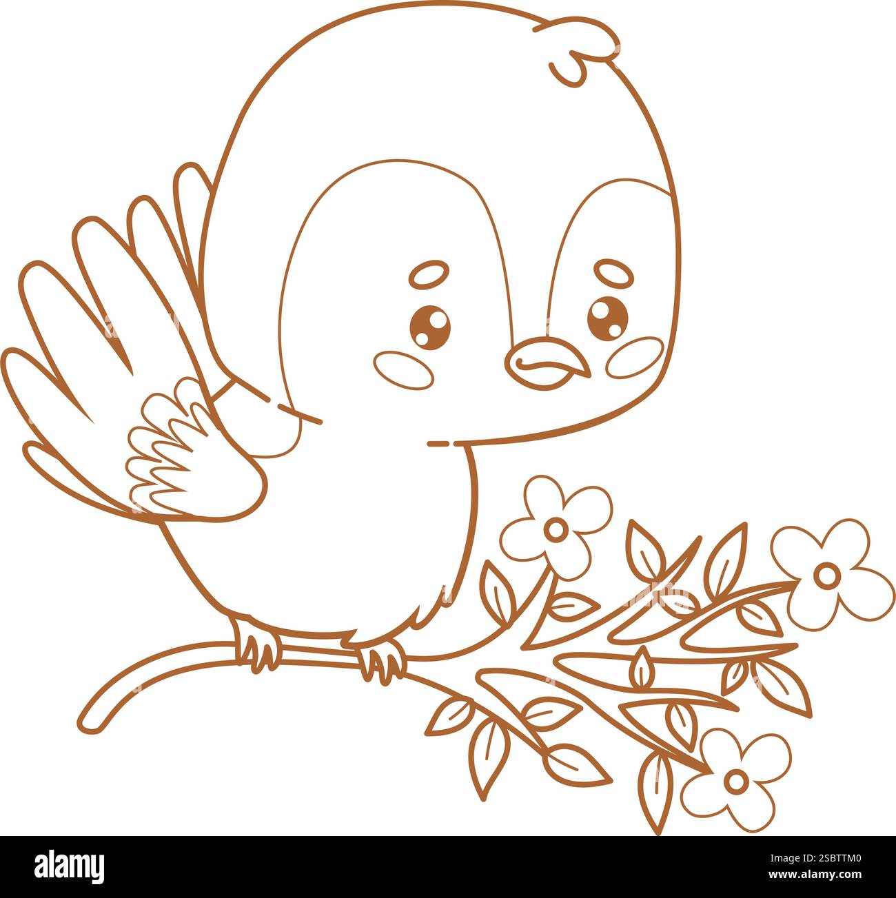 Delineare il passero dei cartoni animati sul ramo in fiore. Divertente personaggio kawaii, uccellino. Disegno al tratto, libro da colorare. Illustrazione vettoriale Illustrazione Vettoriale