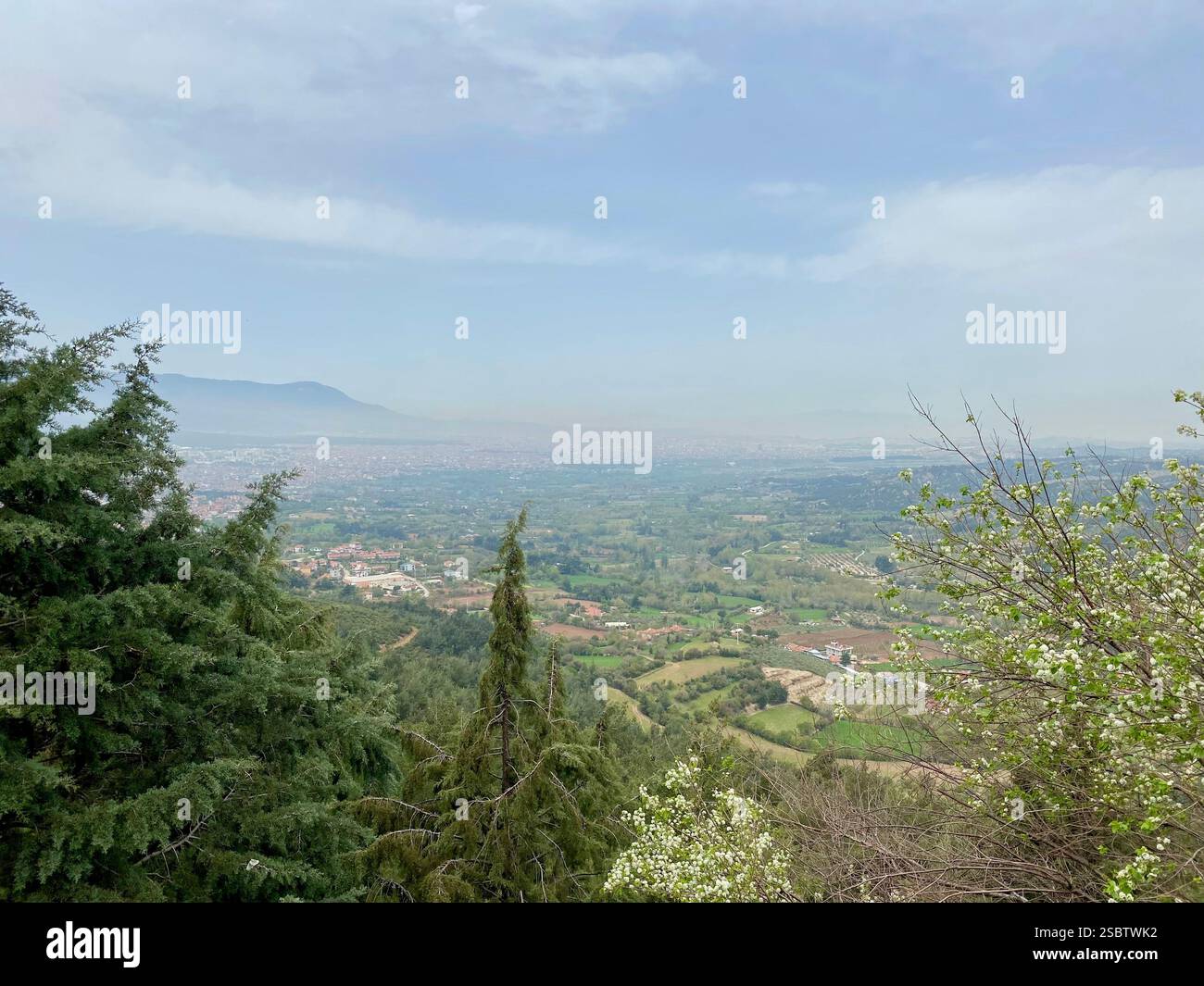 Un paesaggio verde in una mattinata di primavera nebbiosa con vedute a distanza di una città - Immagine stock catturata con smartphone