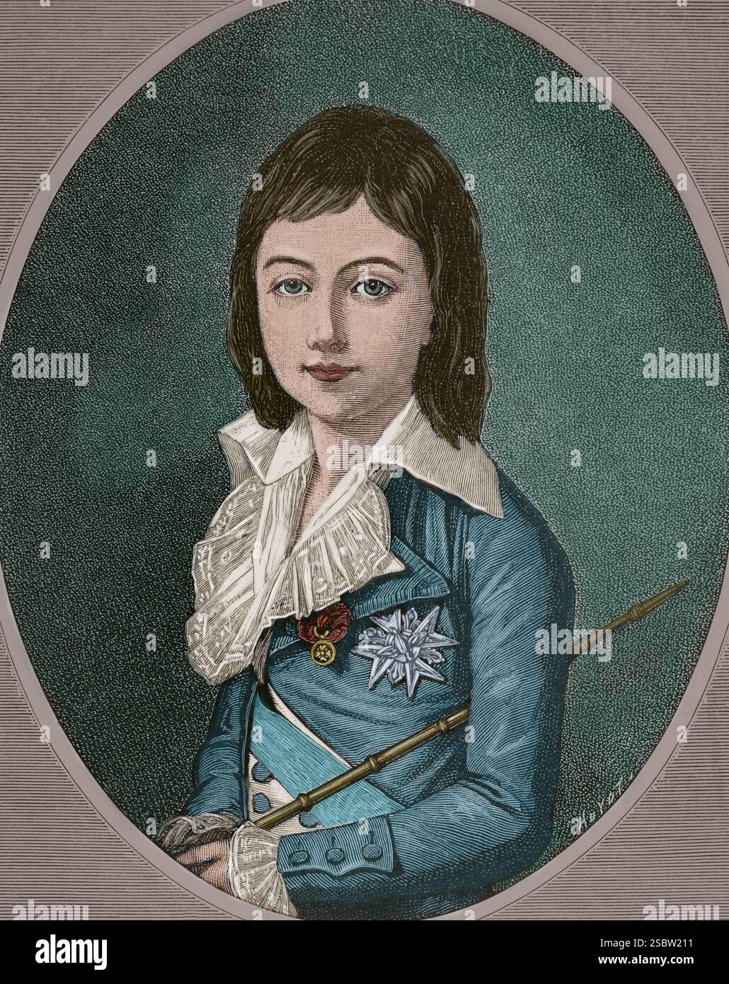 Luigi XVII (Louis Charles) (1785-1795). Pretendente re di Francia. Morì all'età di dieci anni nella prigione del Tempio di Parigi durante la Rivoluzione francese. Incisione di Huyot. Copia di un dipinto di Vigée le Brun. Colorazione successiva. La Ilustración Española y americana (The Spanish and American Illustration), 1884. Foto Stock